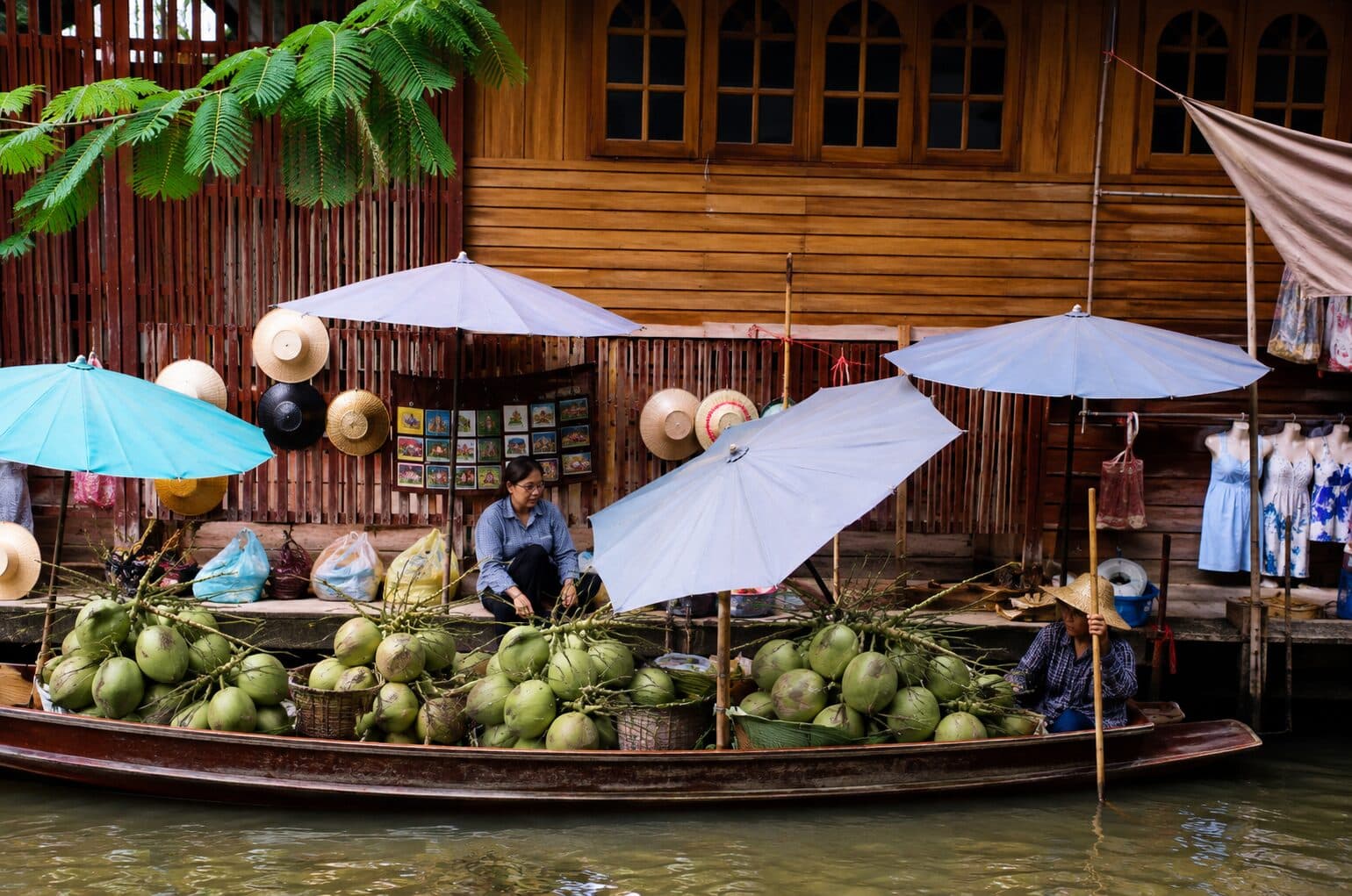 A boat piled with green coconuts at the Damnoen Saduak floating market